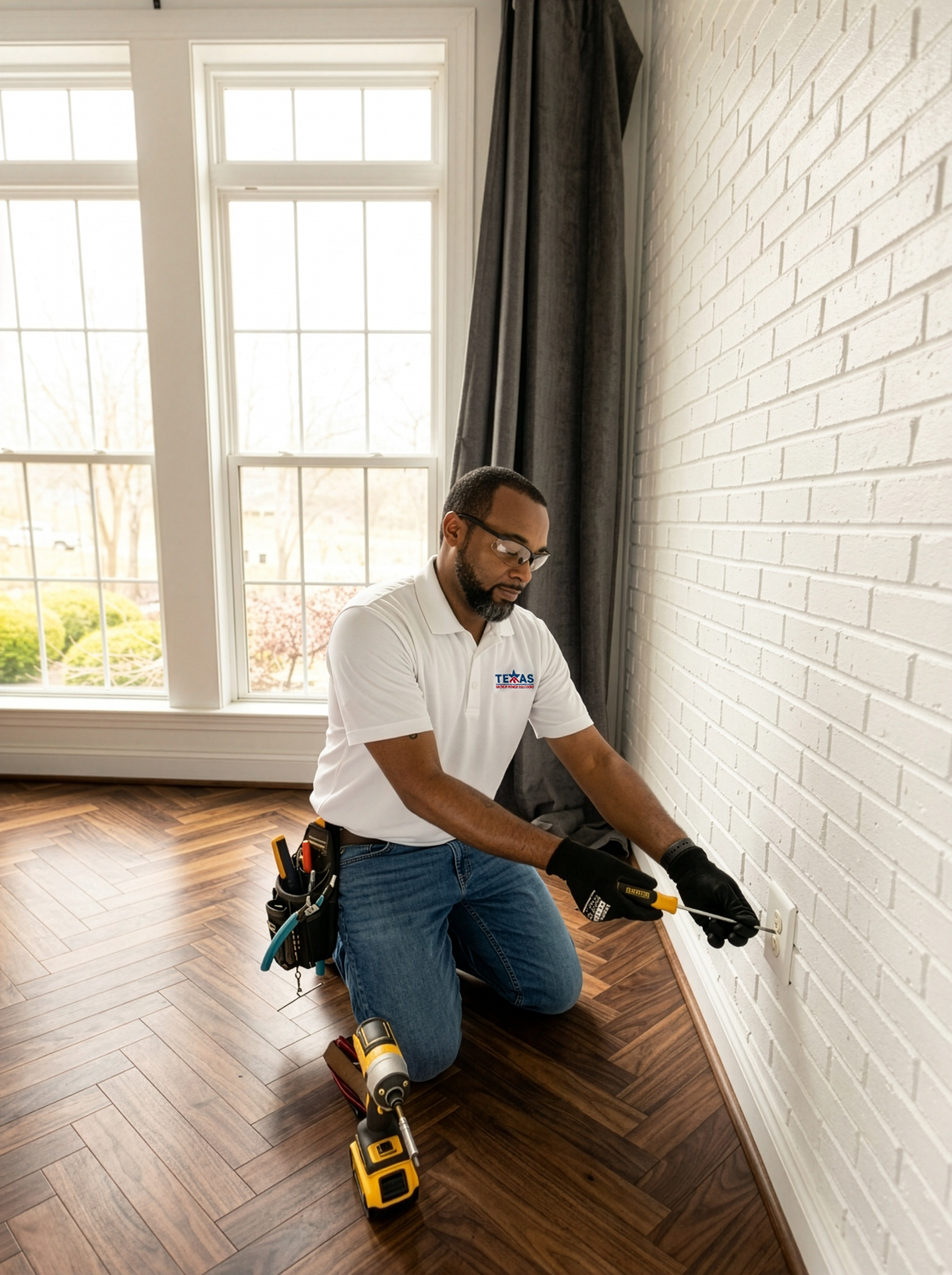 Residential Electrician from Texas Backup Power Solutions working on an outlet in the home