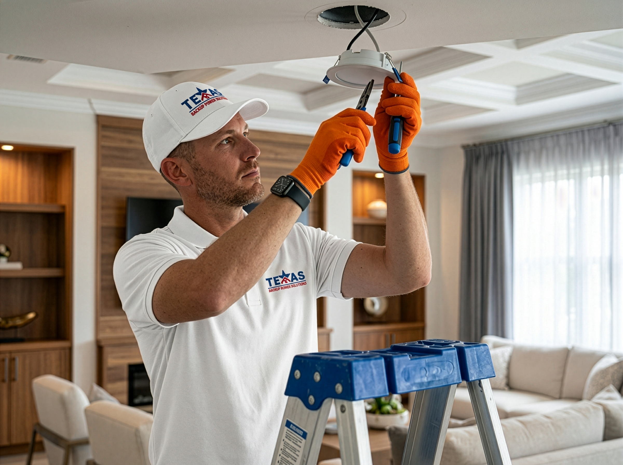 lighting electrician from Texas Backup Power Solutions working on a home's recessed lighting system
